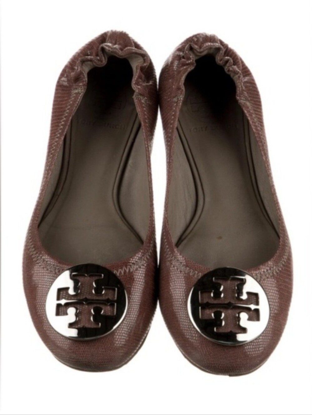 Tory Burch Brown Leather Reva Ballet Flats with Logo Medallion